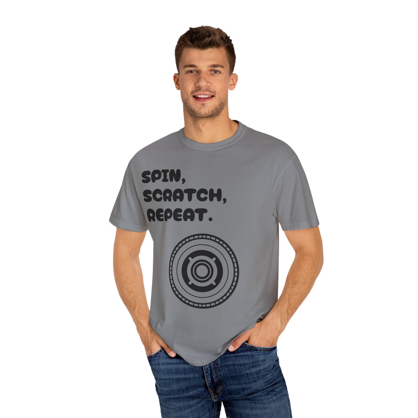 Garment-Dyed T-shirt - 'Spin, Scratch, Repeat' Fun Tee