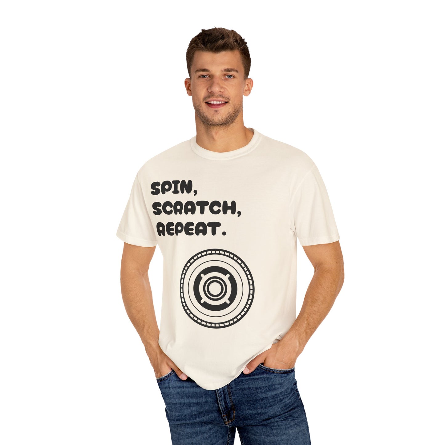 Garment-Dyed T-shirt - 'Spin, Scratch, Repeat' Fun Tee