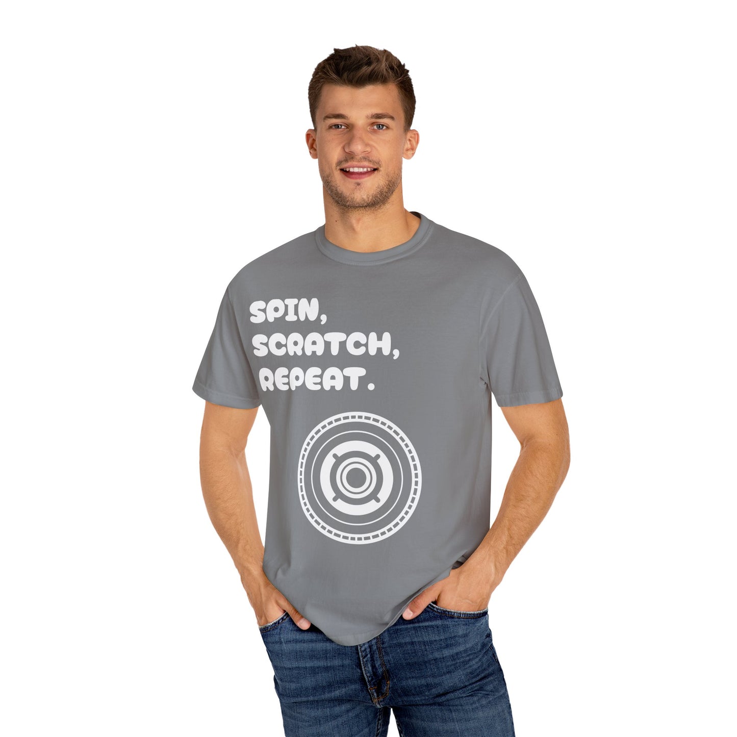 Garment-Dyed T-shirt - 'Spin, Scratch, Repeat' Fun Tee