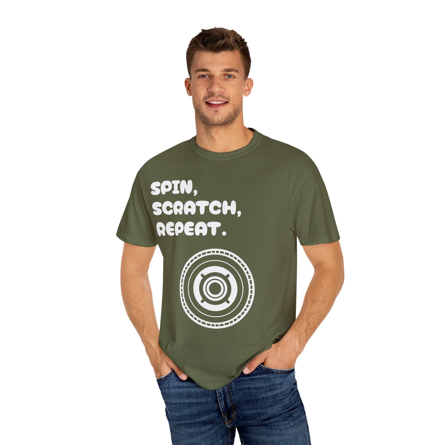 Garment-Dyed T-shirt - 'Spin, Scratch, Repeat' Fun Tee