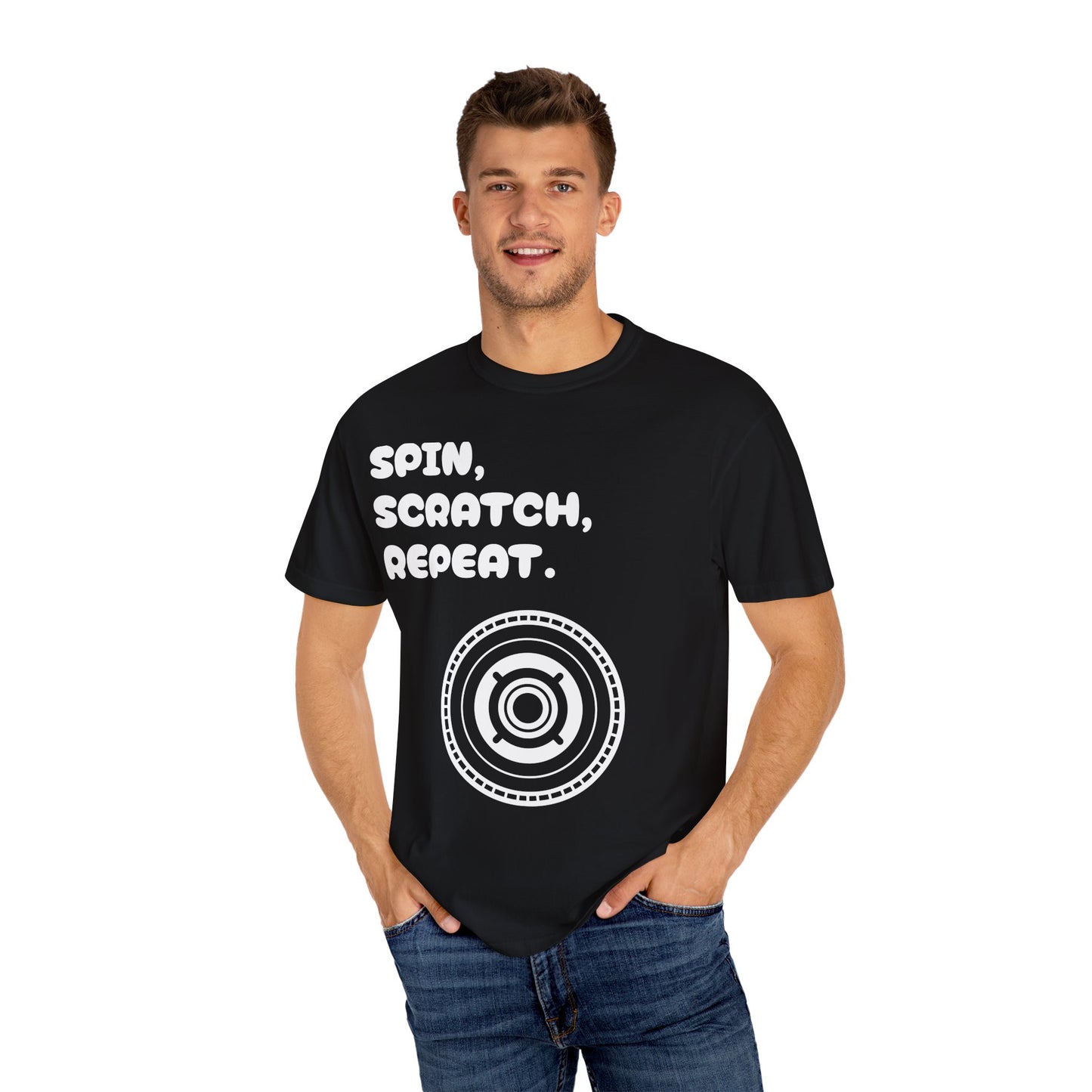 Garment-Dyed T-shirt - 'Spin, Scratch, Repeat' Fun Tee