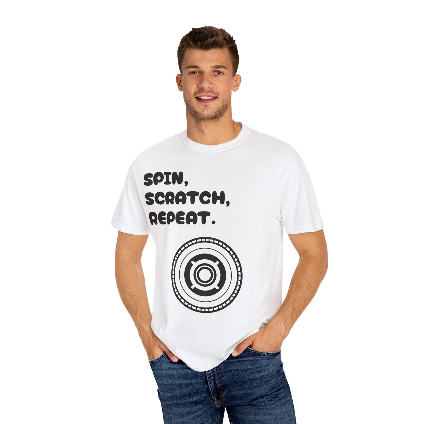 Garment-Dyed T-shirt - 'Spin, Scratch, Repeat' Fun Tee